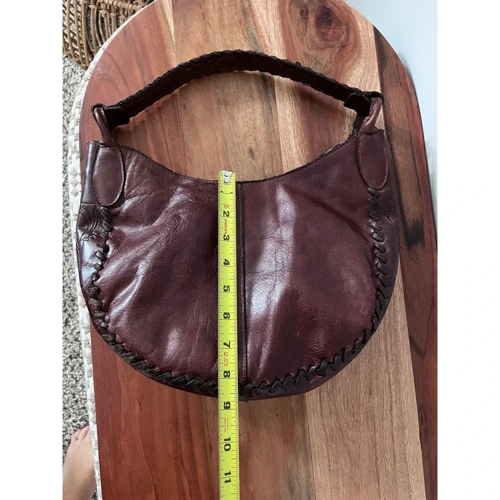 Vintage Mahogany Leather Whipstitch Rose Embossed Hobo Bag Crescent Shoulder Bag